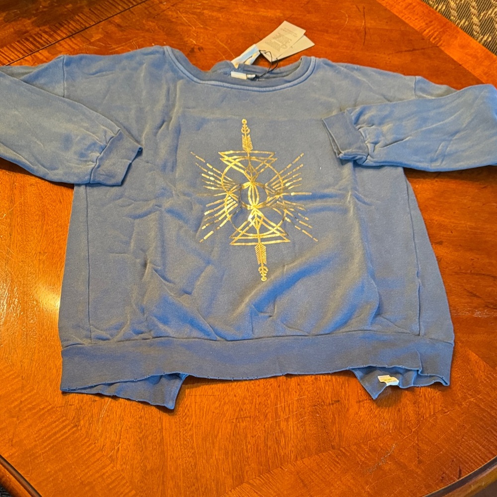 NWT Avocado Blue Sweatshirt Open Back with Gold Design Size Small